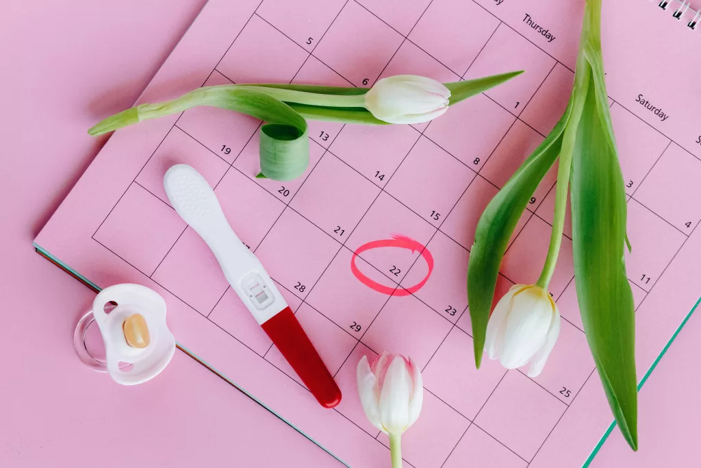 A picture of a calendar with some flowers, a pacifier and a test. 22nd circled on the calendar.