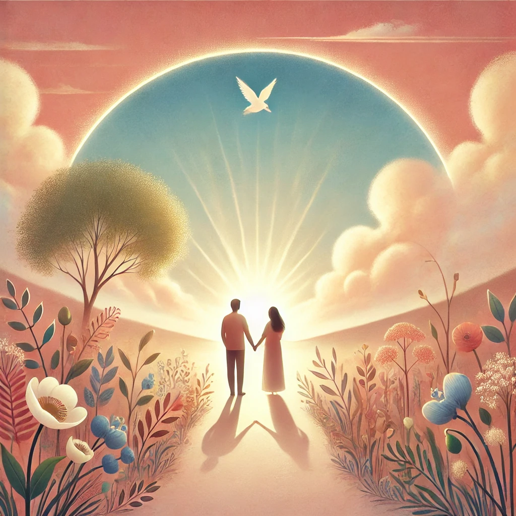 A hopeful couple stands together, holding hands, gazing out over a softly lit horizon symbolizing new beginnings. They are at the edge of a path with symbols of fertility, like blooming flowers, under a warm sunrise, representing resilience, love, and the journey toward parenthood.